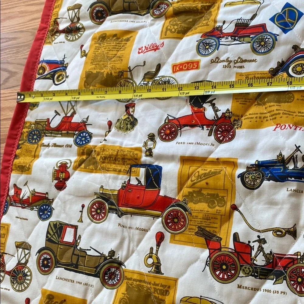 Vintage Car Print Quilt with Red and Black Border Cottagecore Retro Prairie